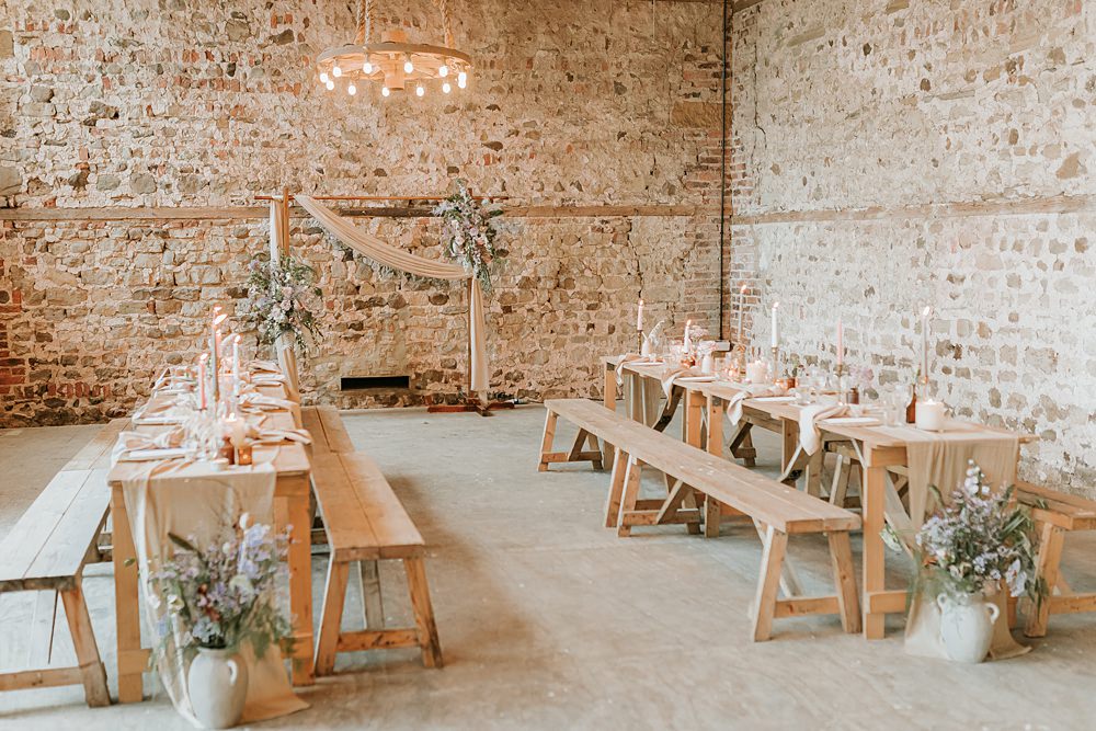 Decor Flower Arch Tables Beige Barn Boho Wedding Gabrielas Photography and Film