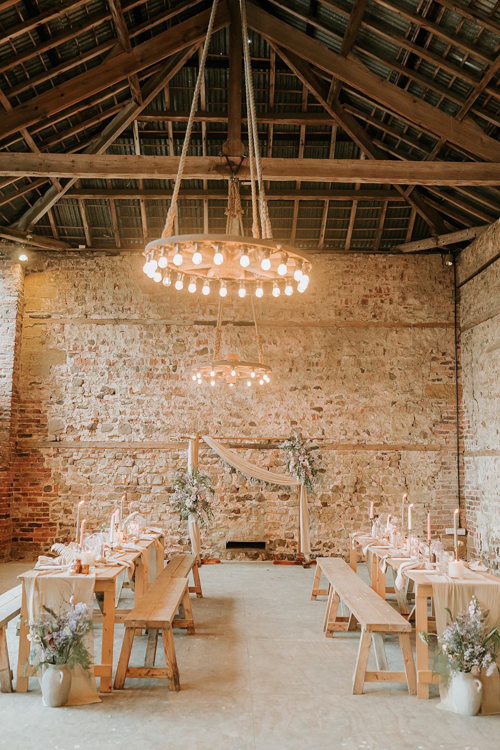 Decor Flower Arch Tables Beige Barn Boho Wedding Gabrielas Photography and Film