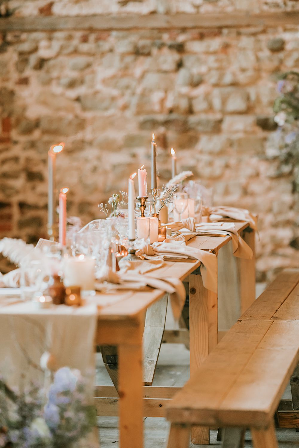 Table Decor Pampas Grass Candles Gold Cutlery Fabric Runner Beige Barn Boho Wedding Gabrielas Photography and Film