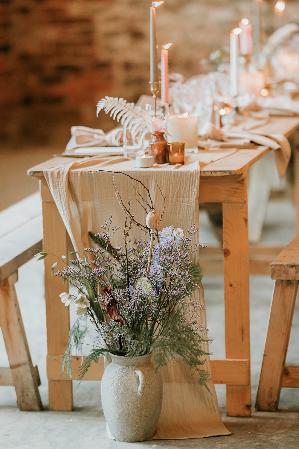 Table Decor Pampas Grass Candles Gold Cutlery Fabric Runner Beige Barn Boho Wedding Gabrielas Photography and Film