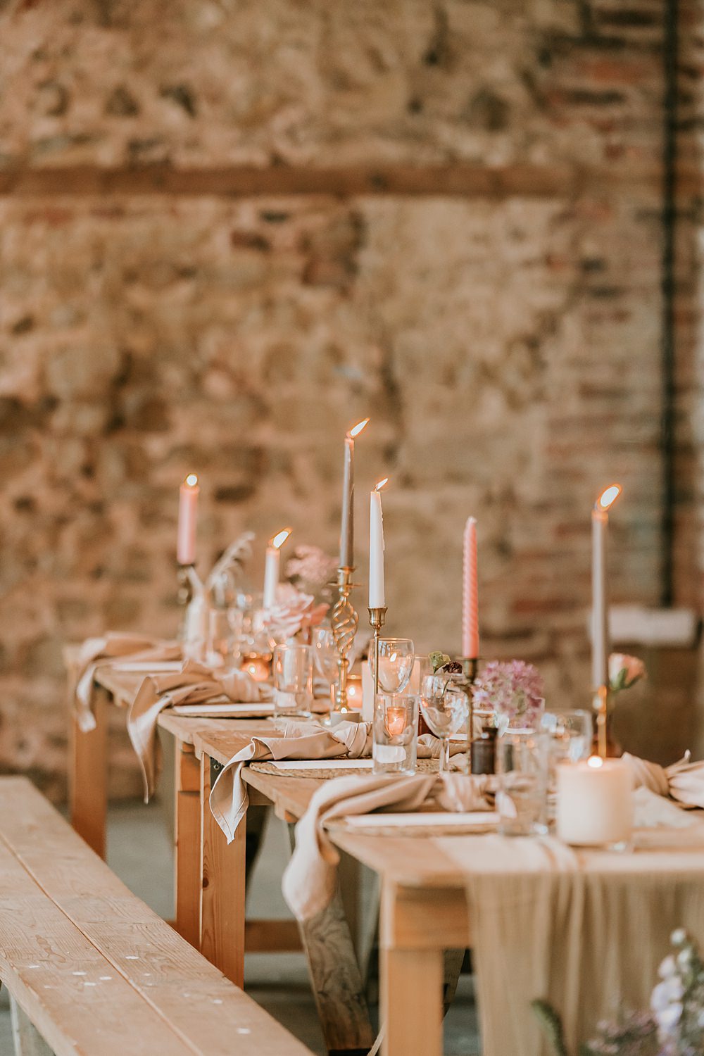 Table Decor Pampas Grass Candles Gold Cutlery Fabric Runner Beige Barn Boho Wedding Gabrielas Photography and Film