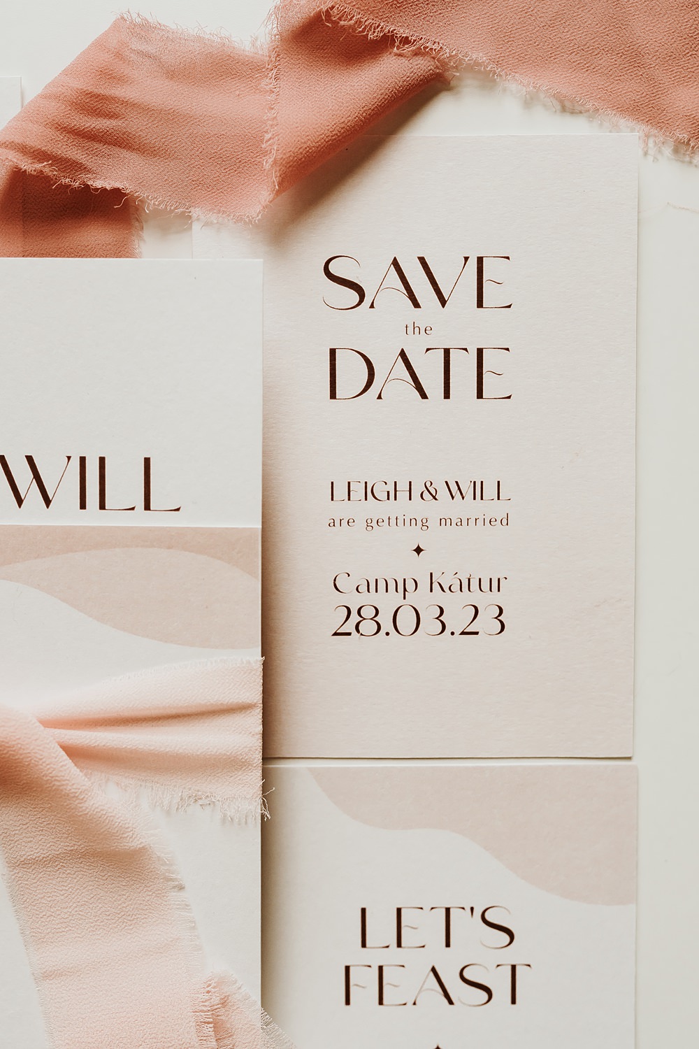 Pink Gold Ribbon Invites Stationery Save The Date Beige Barn Boho Wedding Gabrielas Photography and Film