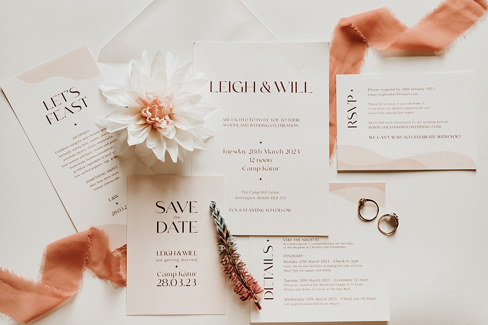 Pink Gold Ribbon Invites Stationery Beige Barn Boho Wedding Gabrielas Photography and Film