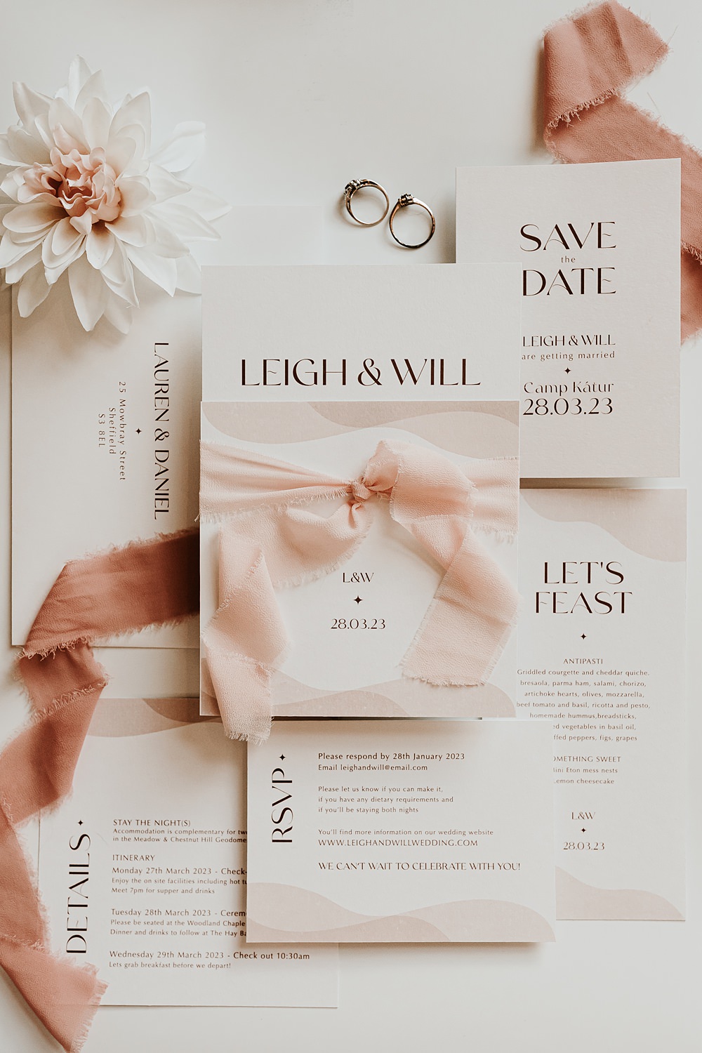 Pink Gold Ribbon Invites Stationery Beige Barn Boho Wedding Gabrielas Photography and Film