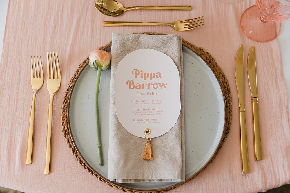 Place Setting Curved Place Name Tassel Gileston Manor Wedding Michelle Huggleston Photography
