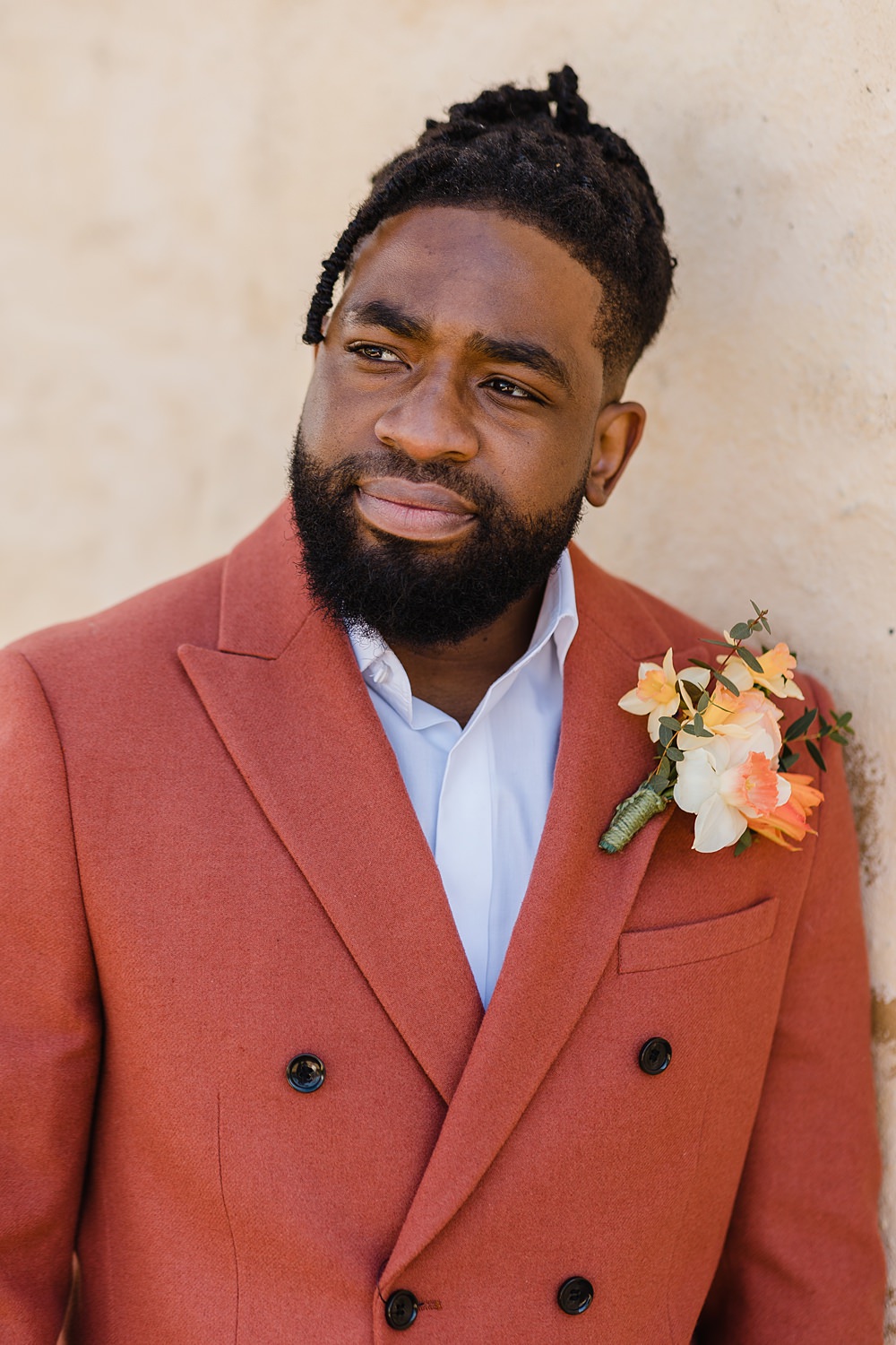 Groom Terracotta Rust Orange Suit Double Breasted Jacket Gileston Manor Wedding Michelle Huggleston Photography