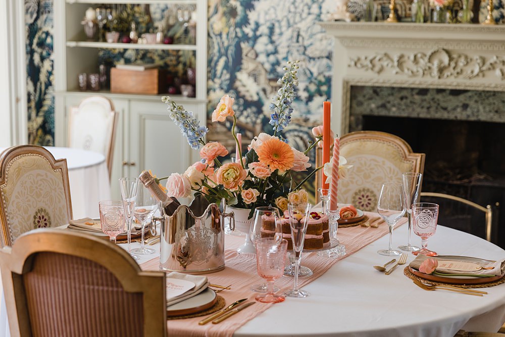 Table Decor Flowers Candles Orange Blue Gileston Manor Wedding Michelle Huggleston Photography