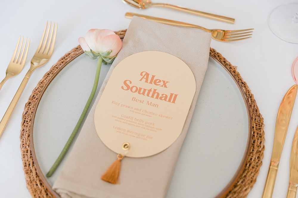 Place Setting Curved Place Name Tassel Gileston Manor Wedding Michelle Huggleston Photography