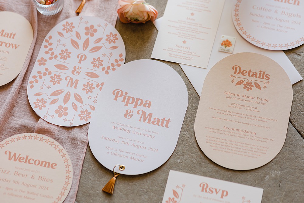 Cream Peach Curved Invitations Stationery Tassel Gileston Manor Wedding Michelle Huggleston Photography