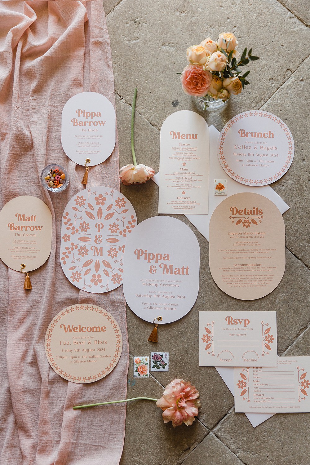 Cream Peach Curved Invitations Stationery Tassel Gileston Manor Wedding Michelle Huggleston Photography