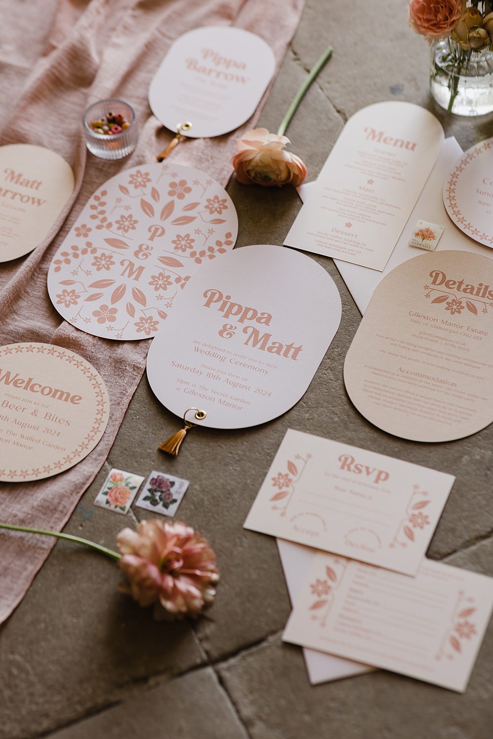 Cream Peach Curved Invitations Stationery Tassel Gileston Manor Wedding Michelle Huggleston Photography
