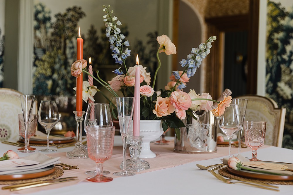 Table Decor Flowers Candles Orange Blue Gileston Manor Wedding Michelle Huggleston Photography