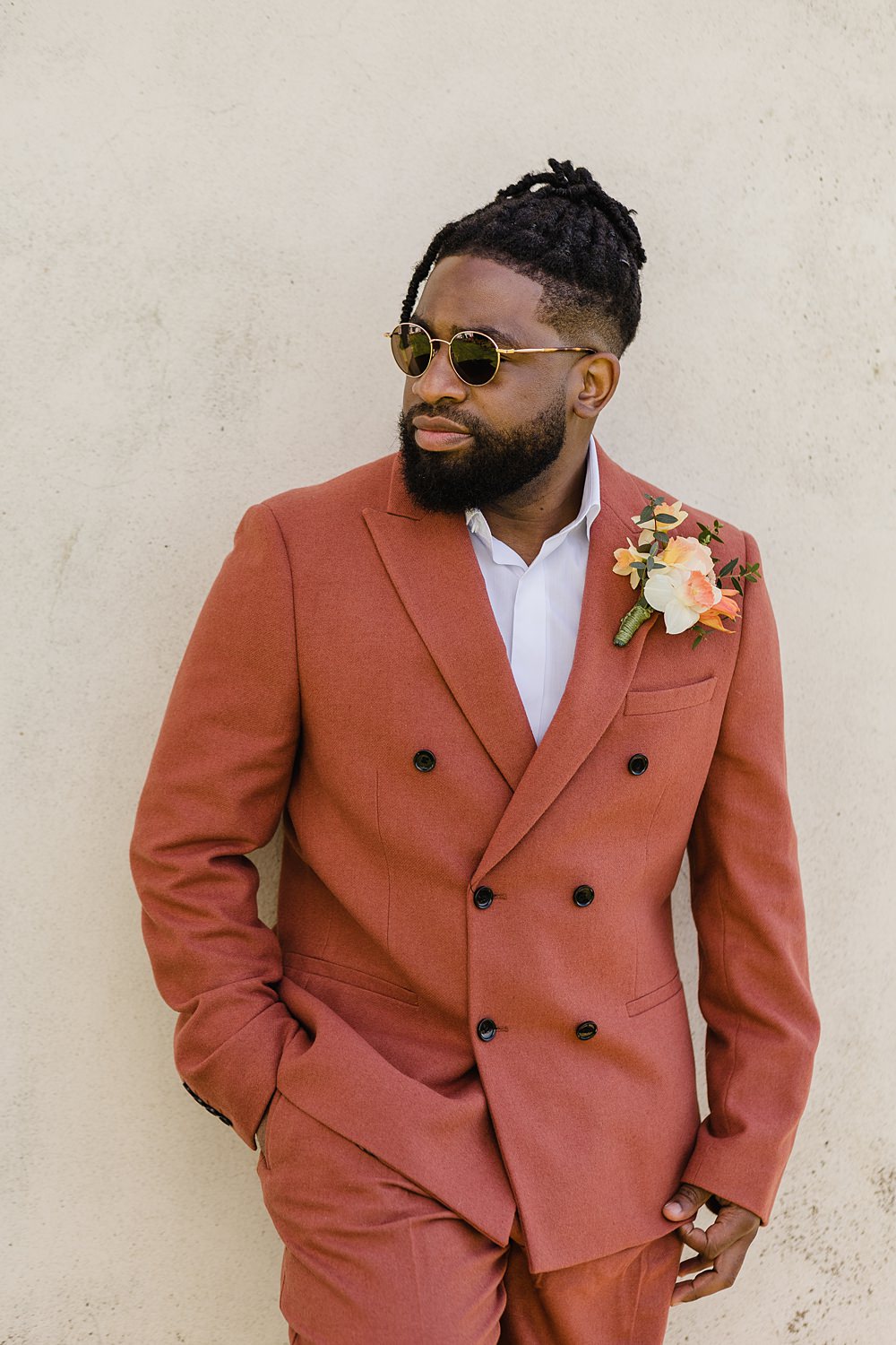 Groom Terracotta Rust Orange Suit Double Breasted Jacket Gileston Manor Wedding Michelle Huggleston Photography