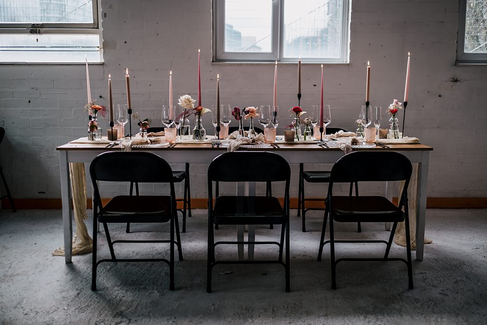 Table Decor Tall Candles Flowers Cream Runner Grub Manchester Wedding Sarah Glynn Photography