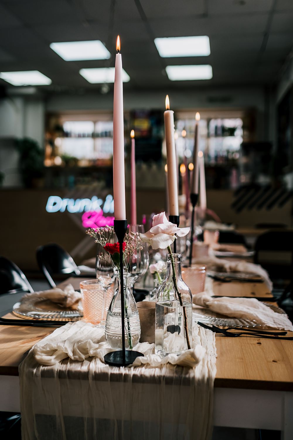 Table Decor Tall Candles Flowers Cream Runner Grub Manchester Wedding Sarah Glynn Photography