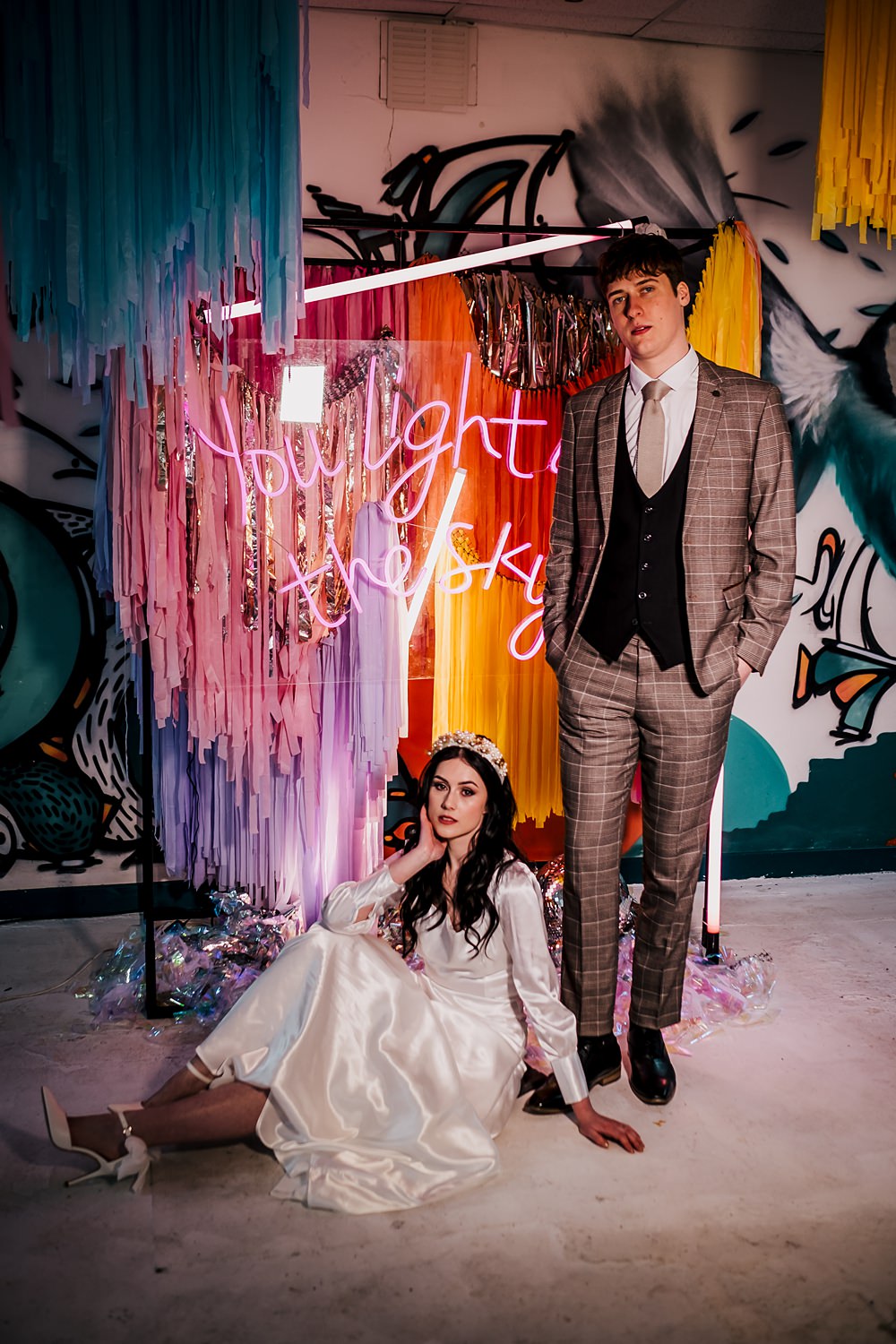 Streamers Neon Sign Backdrop Decor Grub Manchester Wedding Sarah Glynn Photography