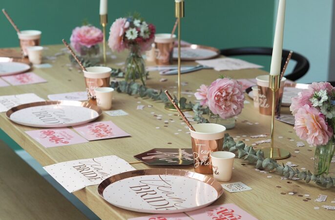 Hen Party Table Decoration Ideas Rose Gold Accessories Banner Balloons Tableware