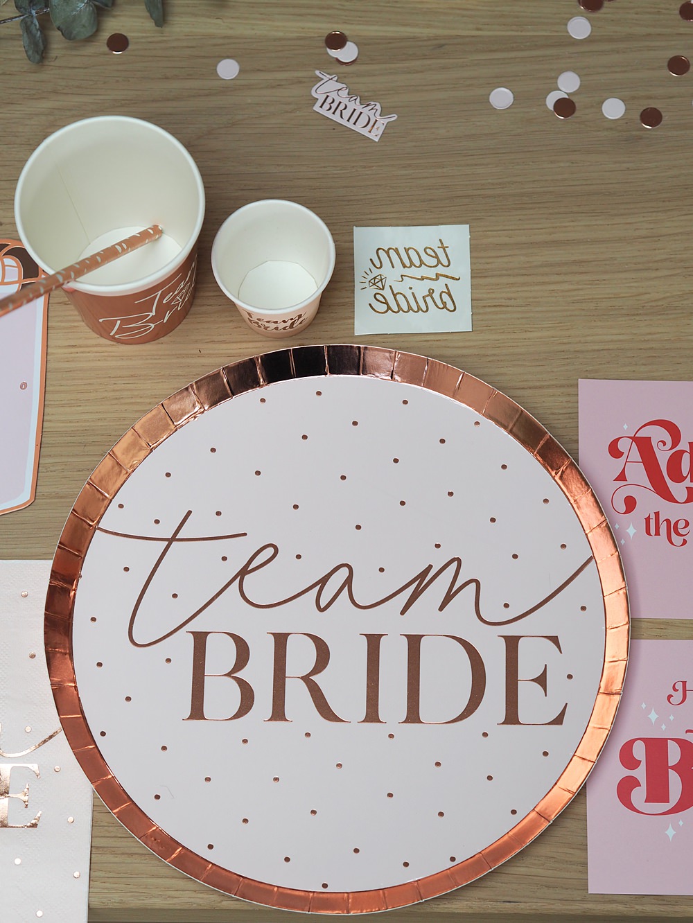 Team Bride Plate Hen Party Table Decoration Ideas Rose Gold Accessories Banner Balloons Tableware