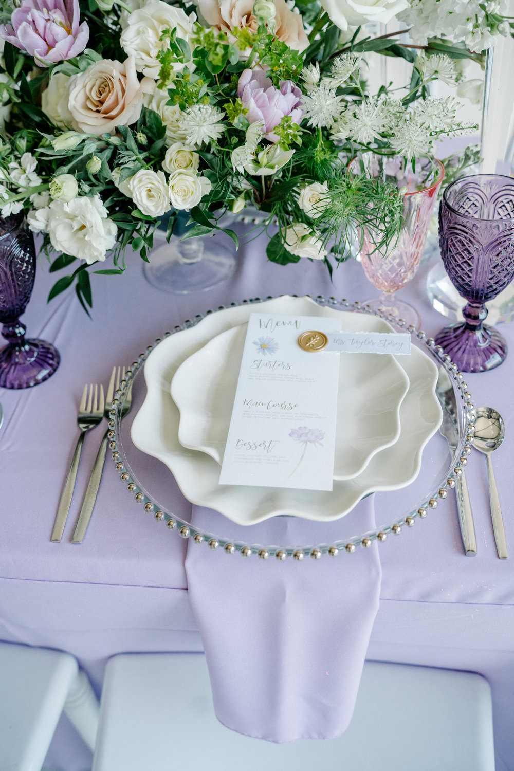 Place Setting Charger Plate Menu Card Wax Seal Lilac Peach Wedding Ideas Rosetta Li Weddings