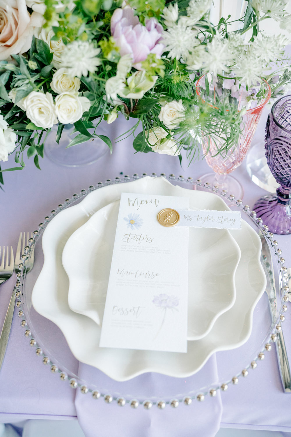 Place Setting Charger Plate Menu Card Wax Seal Lilac Peach Wedding Ideas Rosetta Li Weddings