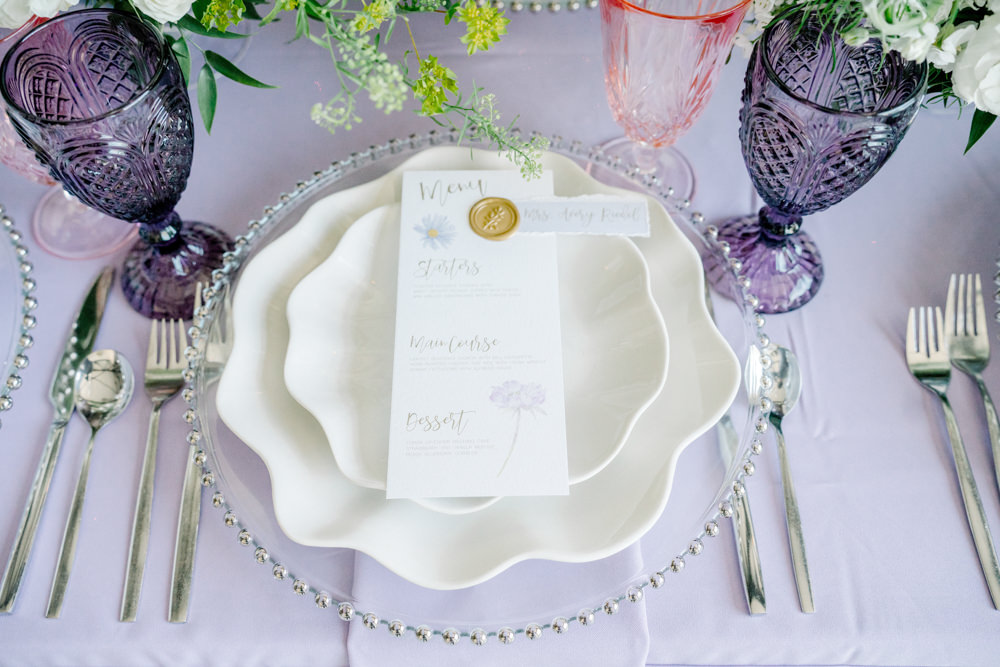Place Setting Charger Plate Menu Card Wax Seal Lilac Peach Wedding Ideas Rosetta Li Weddings