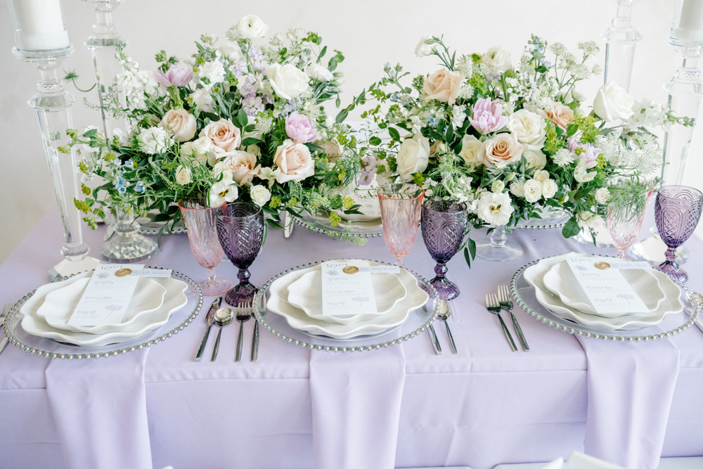 Table Decor Flowers Cloth Candles Lilac Peach Wedding Ideas Rosetta Li Weddings