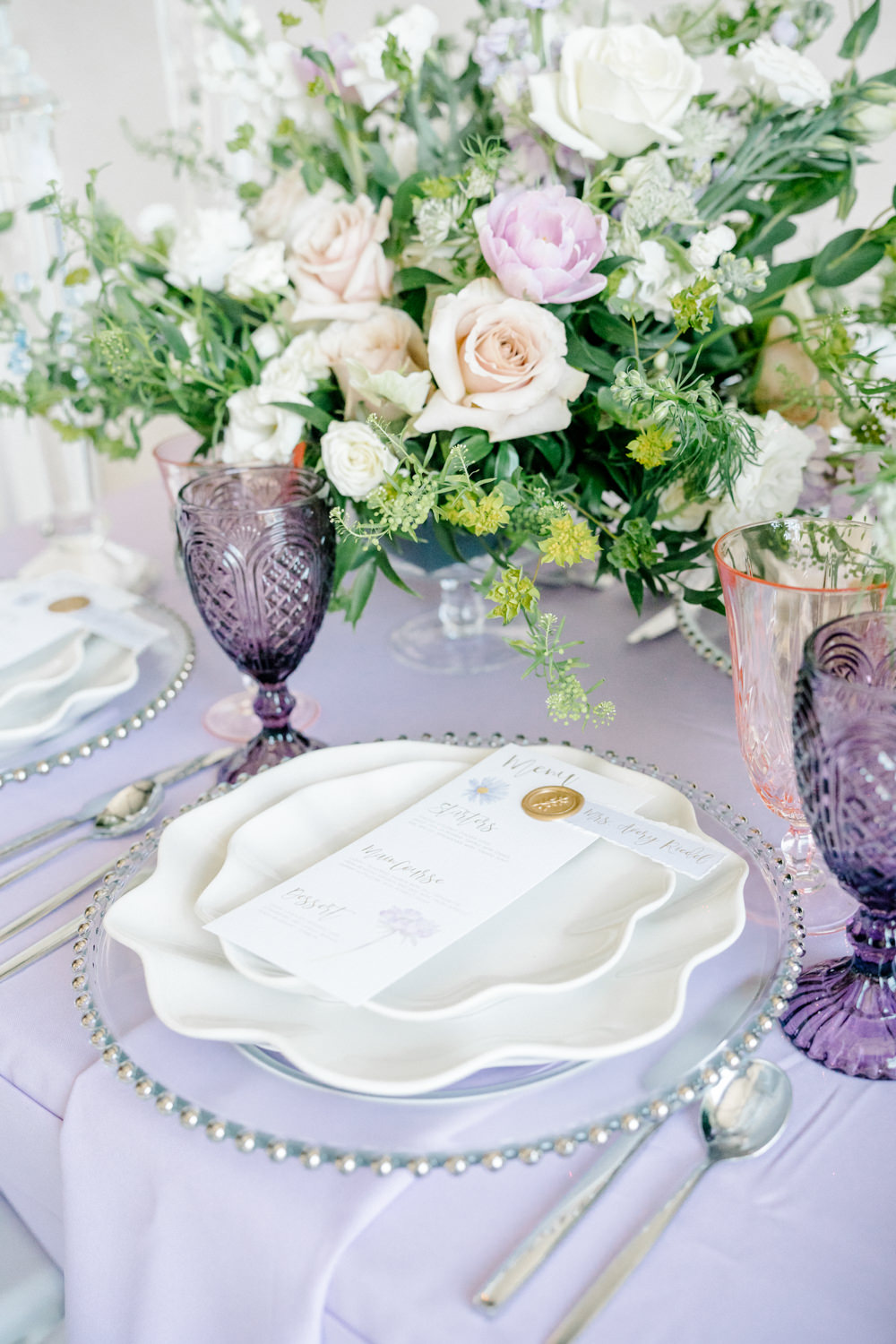 Place Setting Charger Plate Menu Card Wax Seal Lilac Peach Wedding Ideas Rosetta Li Weddings