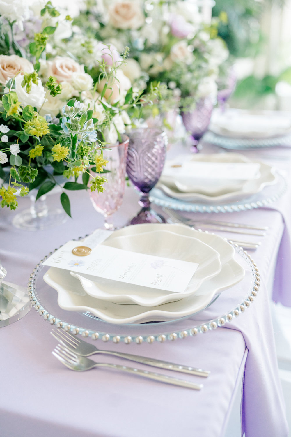 Place Setting Charger Plate Menu Card Wax Seal Lilac Peach Wedding Ideas Rosetta Li Weddings