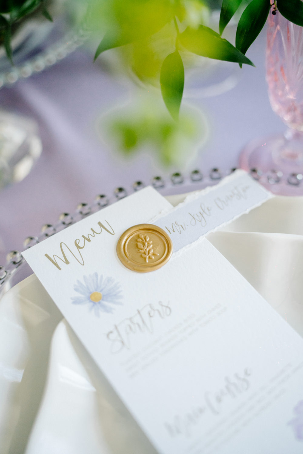 Place Setting Charger Plate Menu Card Wax Seal Lilac Peach Wedding Ideas Rosetta Li Weddings