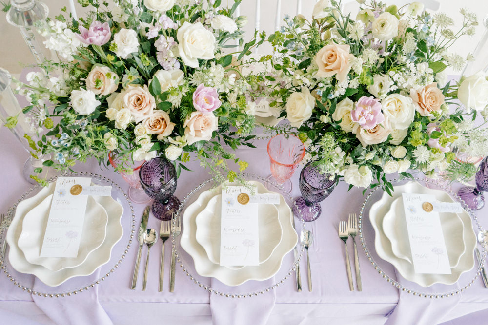 Table Decor Flowers Cloth Candles Lilac Peach Wedding Ideas Rosetta Li Weddings