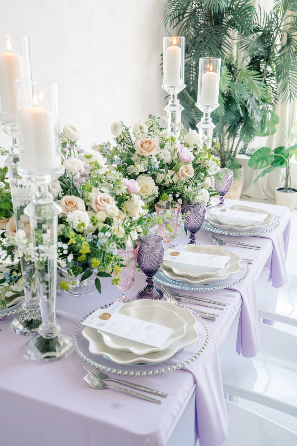 Table Decor Flowers Cloth Candles Lilac Peach Wedding Ideas Rosetta Li Weddings