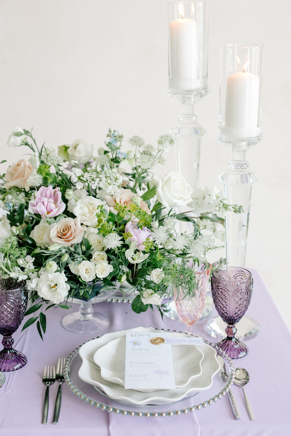 Table Decor Flowers Cloth Candles Lilac Peach Wedding Ideas Rosetta Li Weddings