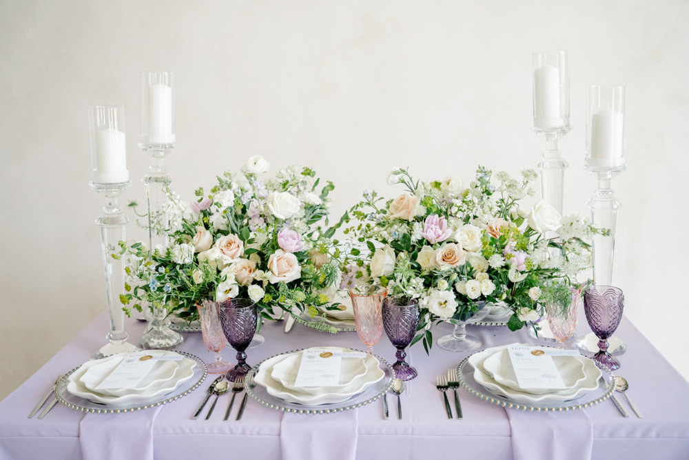 Table Decor Flowers Cloth Candles Lilac Peach Wedding Ideas Rosetta Li Weddings