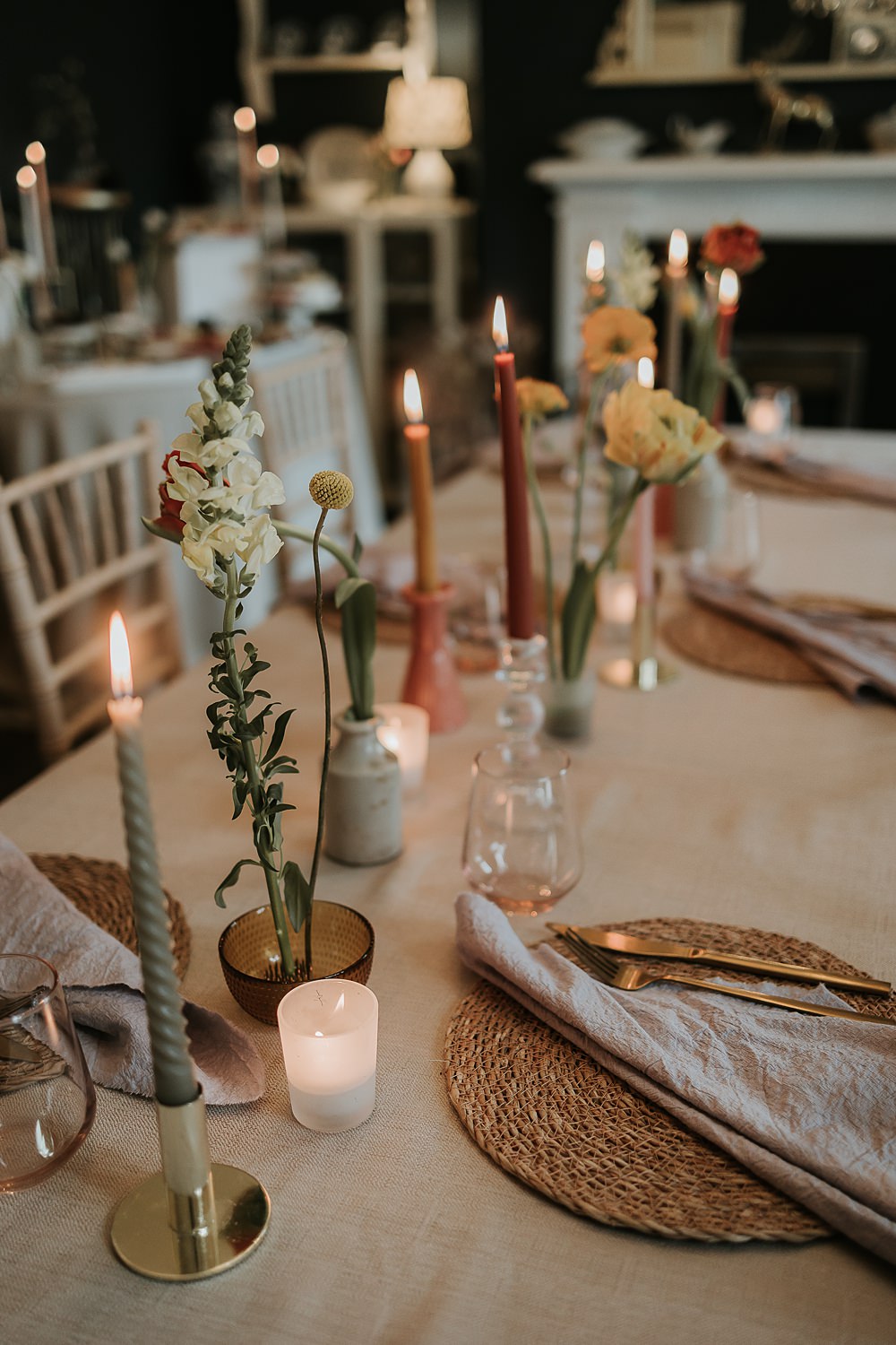 Table Decor Flowers Tall Candles Modern Springtime Wedding Ideas Sophie Ruck Photography