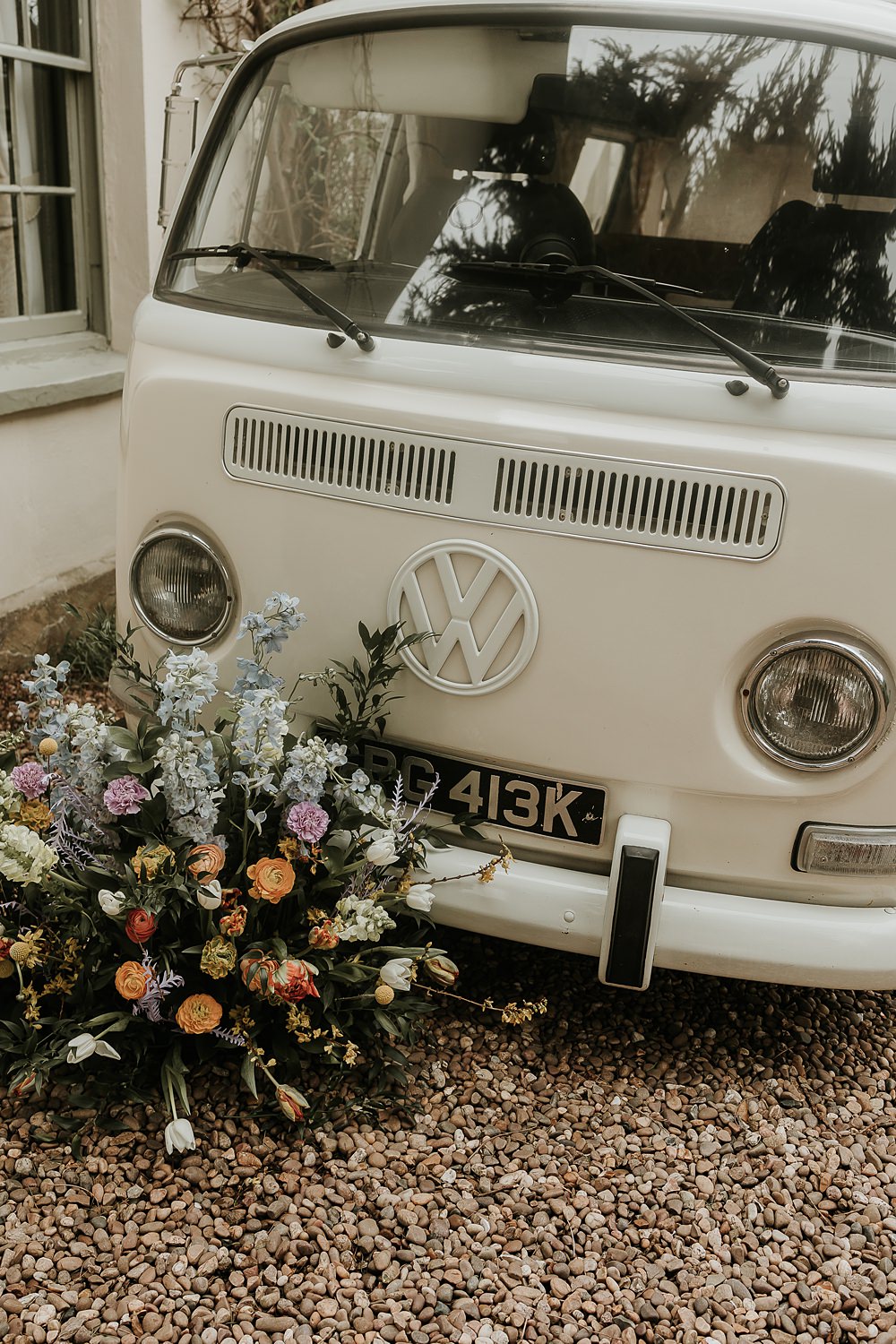 Meadow Floor Flowers Arrangement Campervan Photo Booth Modern Springtime Wedding Ideas Sophie Ruck Photography