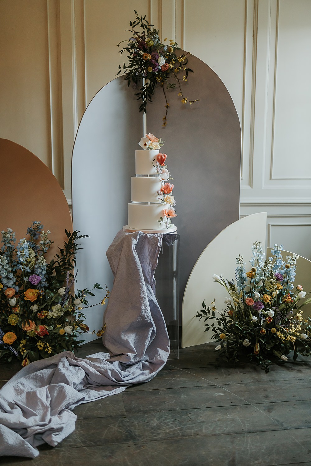Cake Table Arch Backdrop Flowers Fabric Modern Springtime Wedding Ideas Sophie Ruck Photography