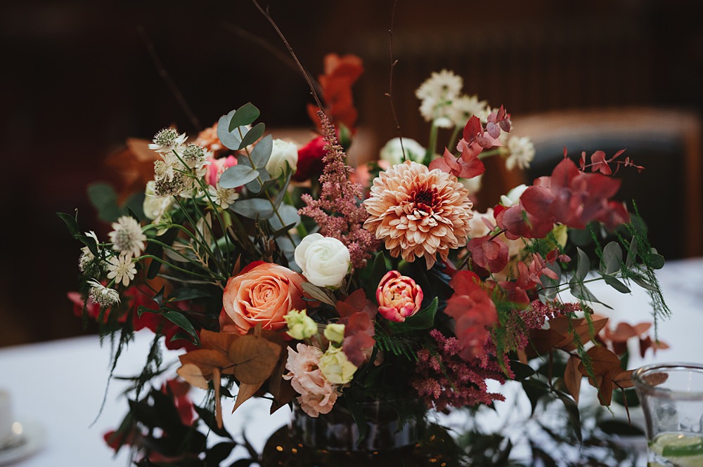 Centrepiece Flowers Winter Orange Red Green New Library Wedding Boda Photography
