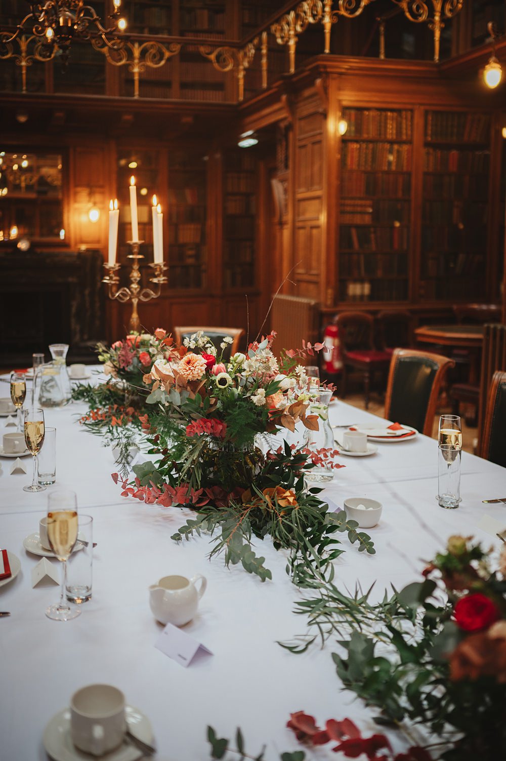 Centrepiece Flowers Winter Orange Red Green Table Decor Candelabra New Library Wedding Boda Photography