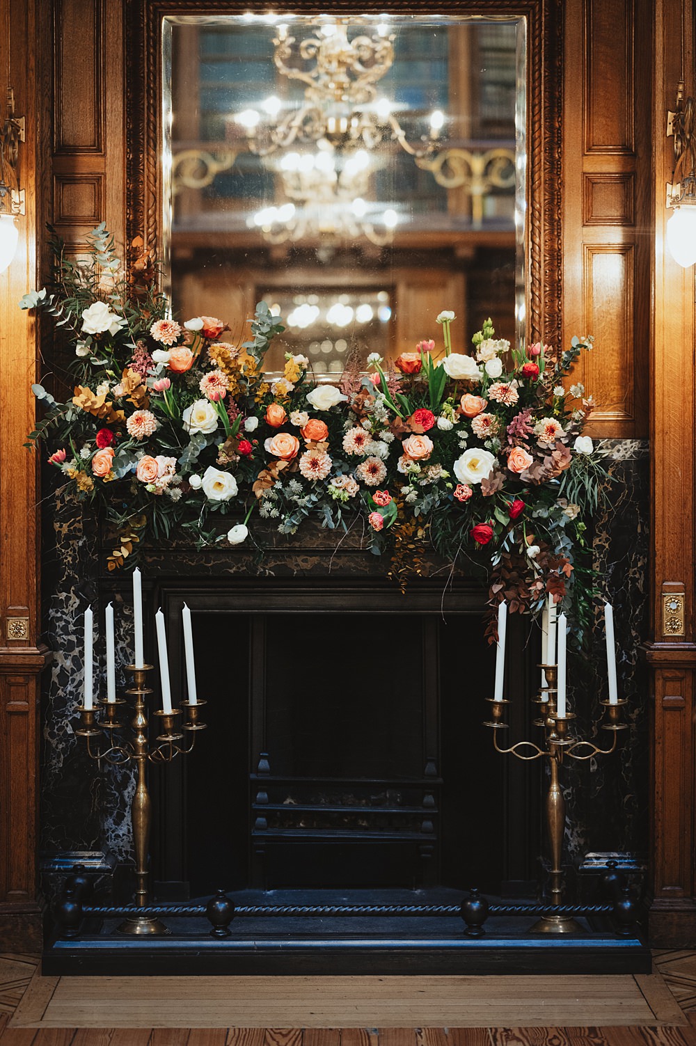 Fireplace Flower Arrangement Decor New Library Wedding Boda Photography