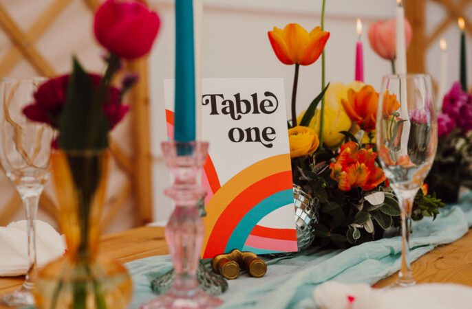 Retro Rainbow Wedding Table Name Card Scot Carney Photography