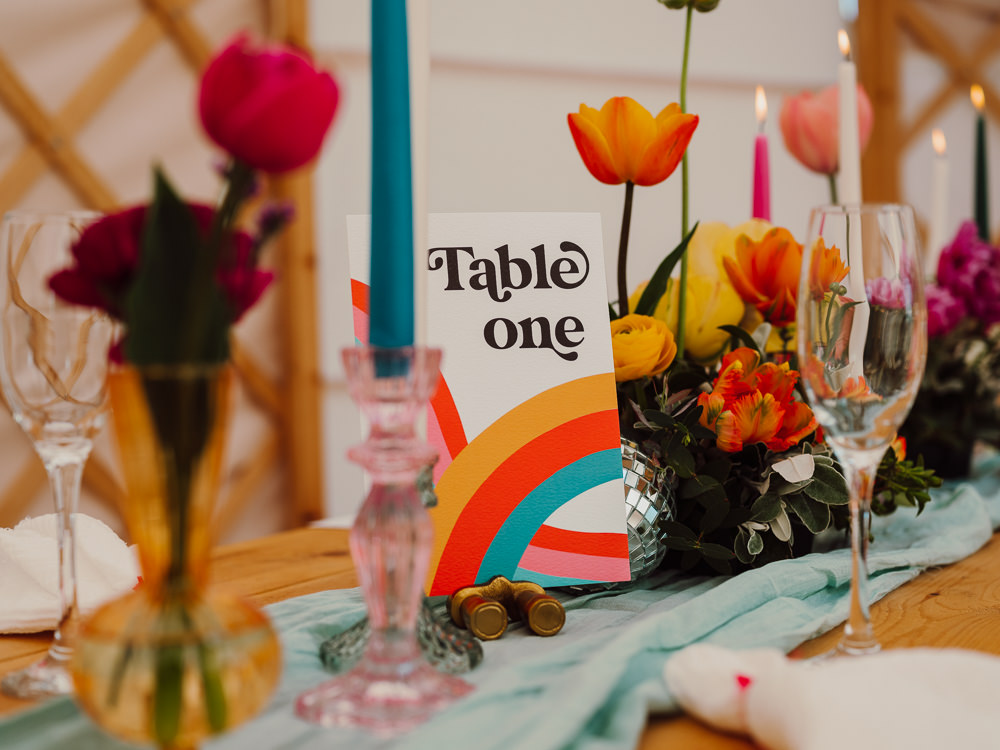 Retro Rainbow Wedding Table Name Card Scot Carney Photography