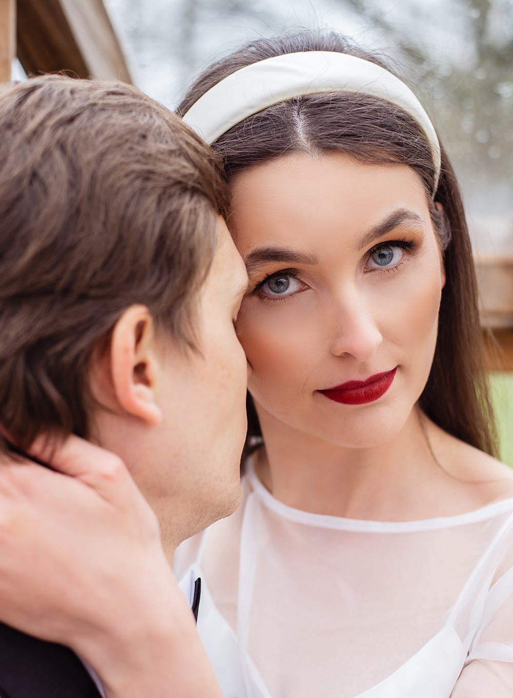 Somersbury Barn Wedding Prime Photography Bride Makeup Red Lip Smokey Eye Hairband
