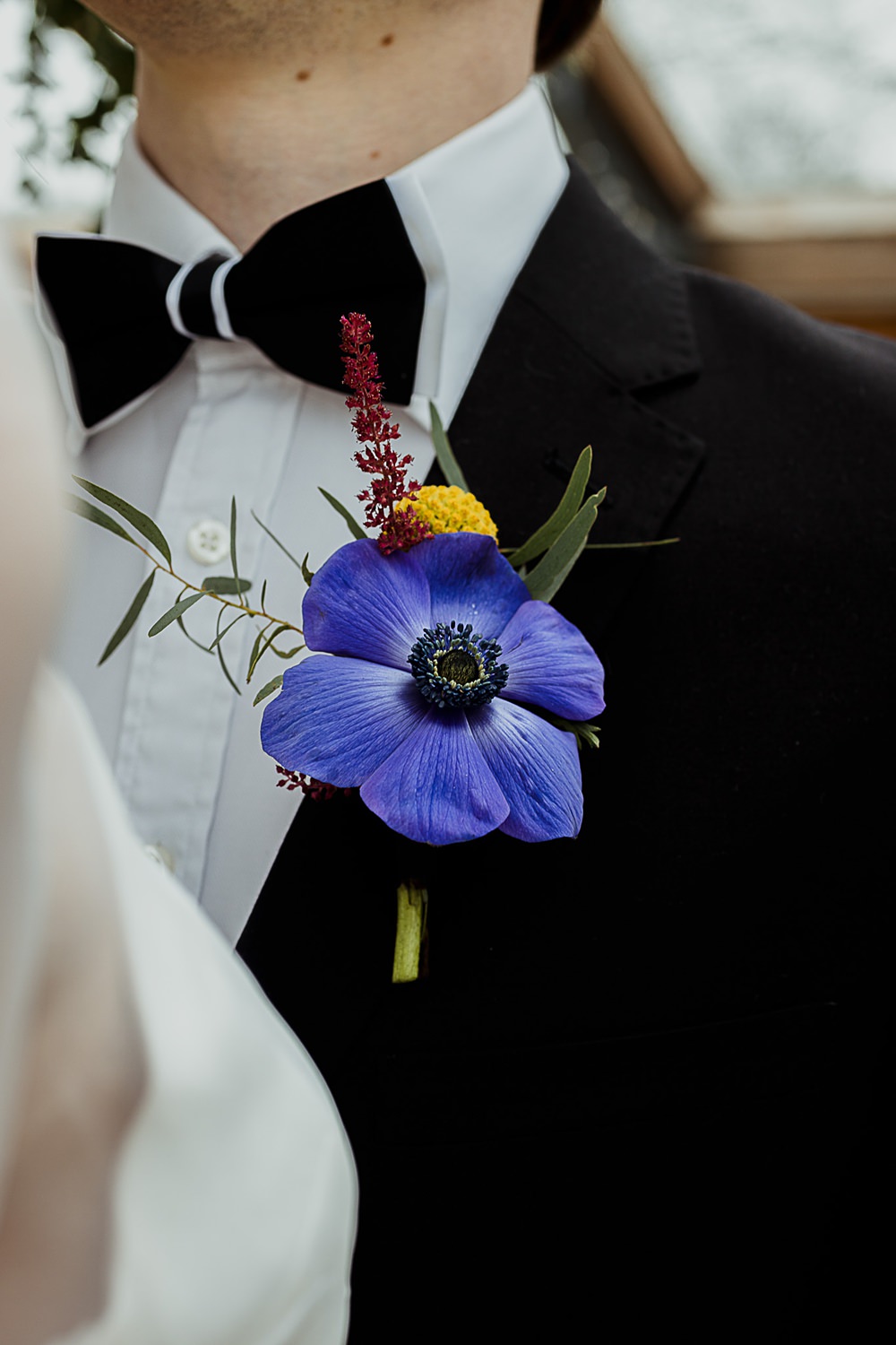 Spring Groom Buttonhole Flower Anemone Somersbury Barn Wedding Thorn and Found