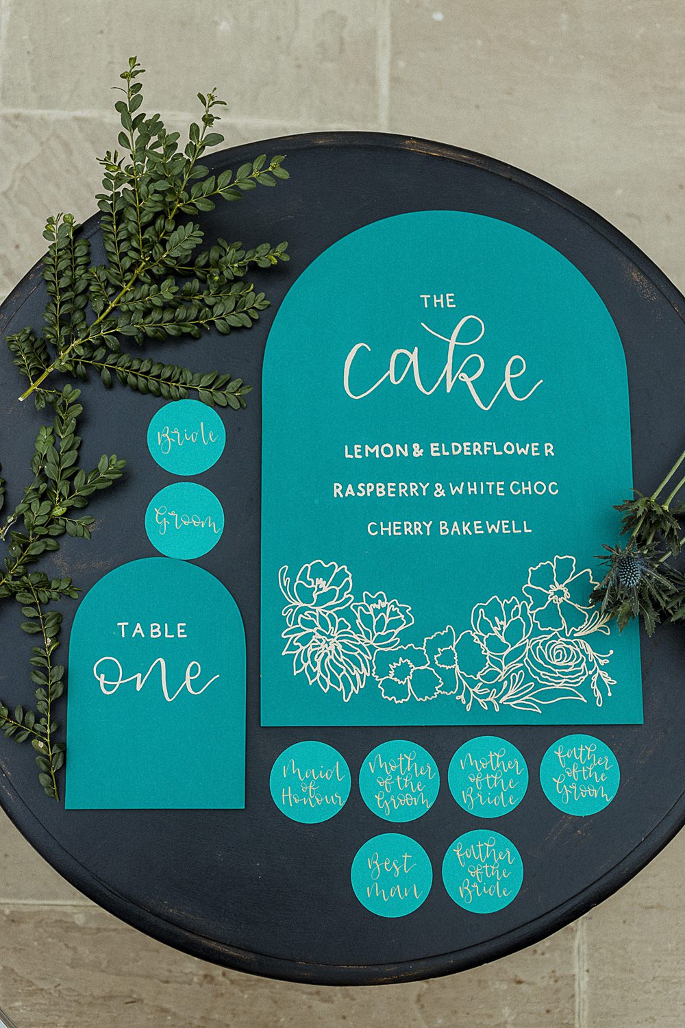 Somersbury Barn Wedding Thorn and Found Green Gold Curve Stationery Signs