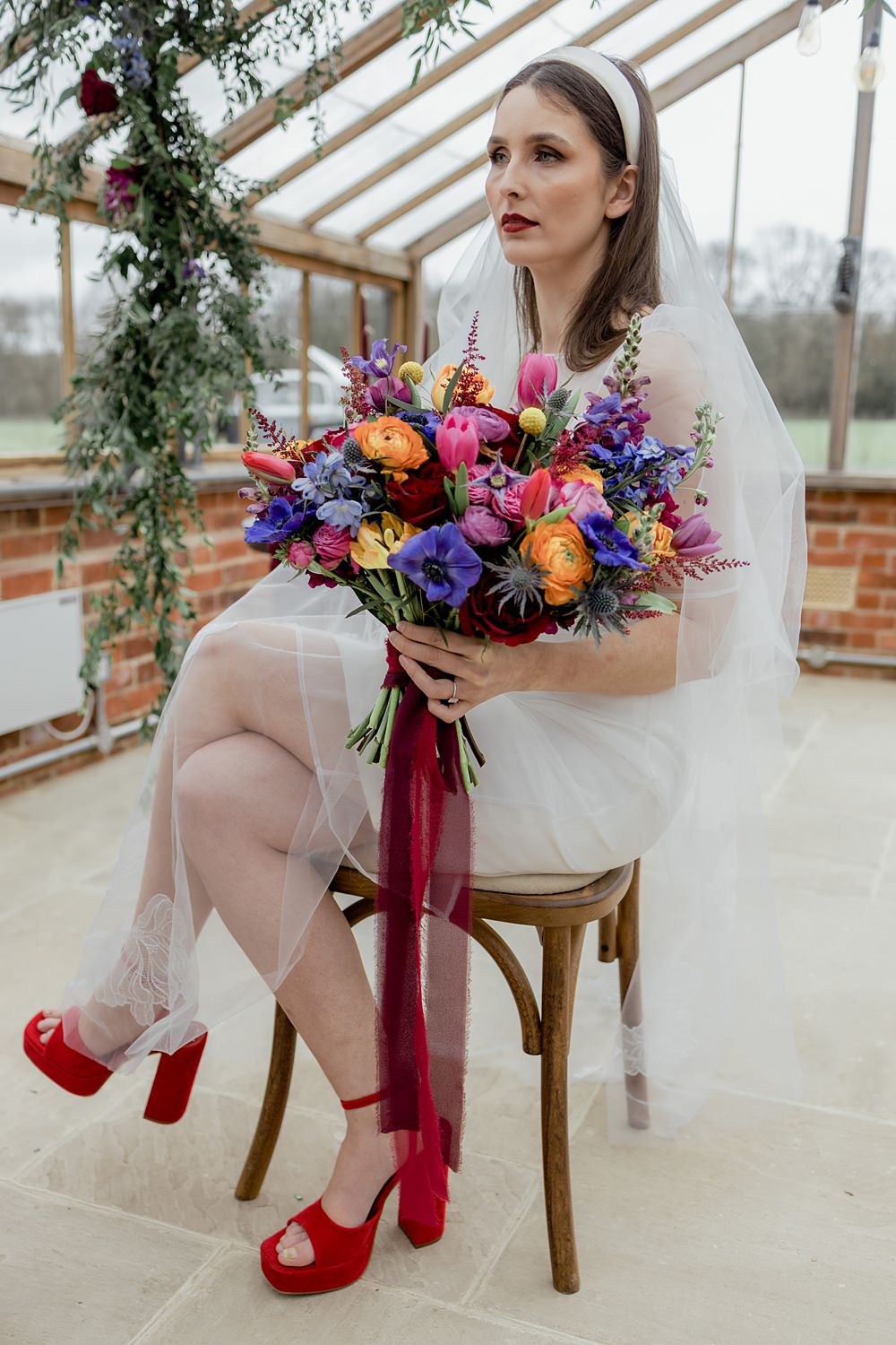 Somersbury Barn Wedding Tyler Rook Photography Short Mini Midi Dress Bride Puff Sleeve Red Shoes