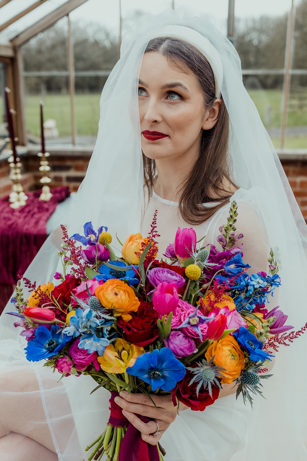 Somersbury Barn Wedding Tyler Rook Photography Colourful Spring Bouquet Flowers Bride Bridal Orange Purple Blue Pink