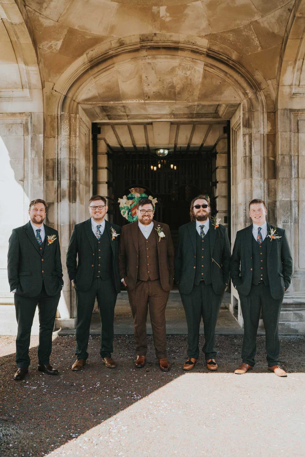 Groom Groomsmen Suits Brown Navy Spring 70s Green Wedding Grace Elizabeth