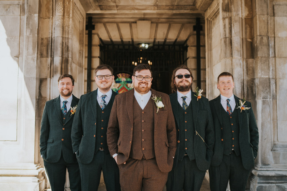 Groom Groomsmen Suits Brown Navy Spring 70s Green Wedding Grace Elizabeth