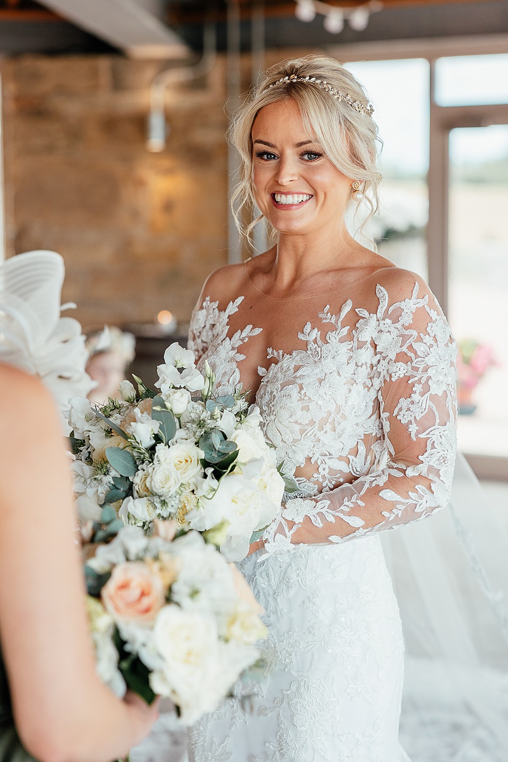 Illusion Lace Long Sleeve Dress Bride Bouquet St Andrews Barn Wedding Joy Story Photography