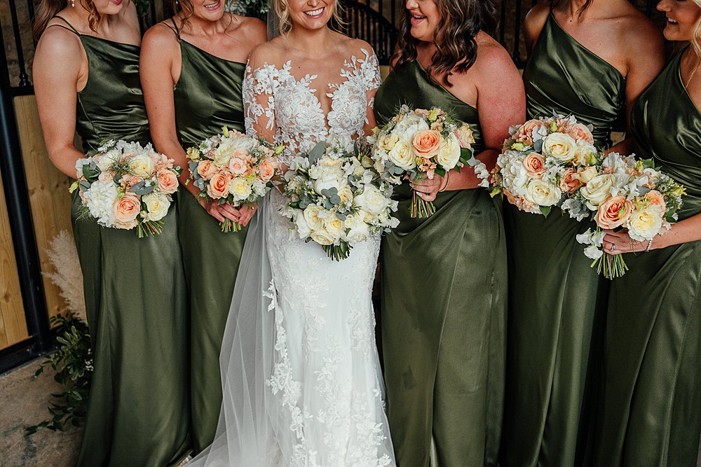 Green Satin Bridesmaid Dresses Bouquet St Andrews Barn Wedding Joy Story Photography